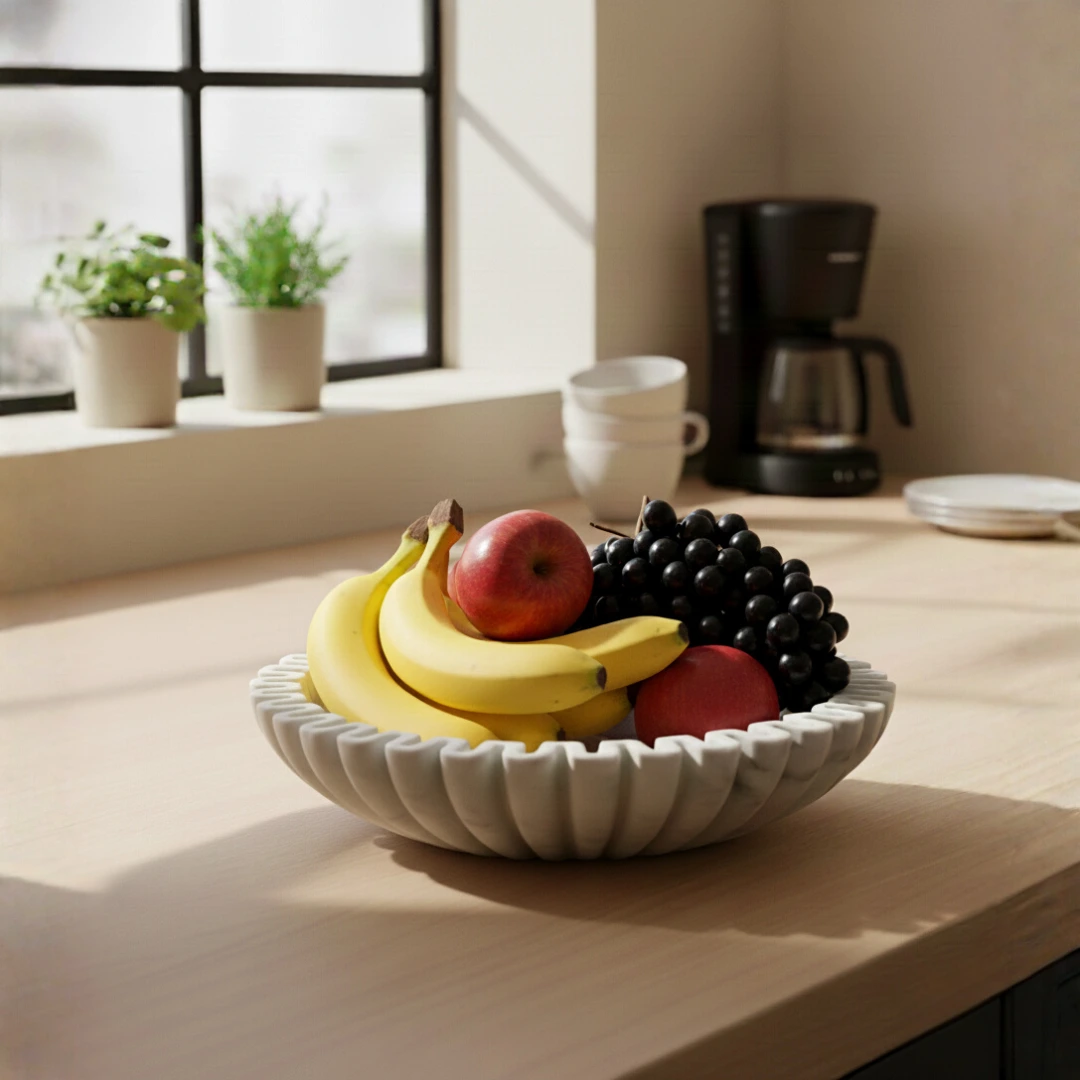 Handcrafted White Marble Decorative Bowl – Elegant Textured Design