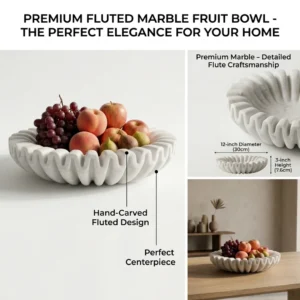 Modern fluted marble bowl, artisanal hand-crafted stone vessel for home decor, white natural stone centerpiece with wavy edges.