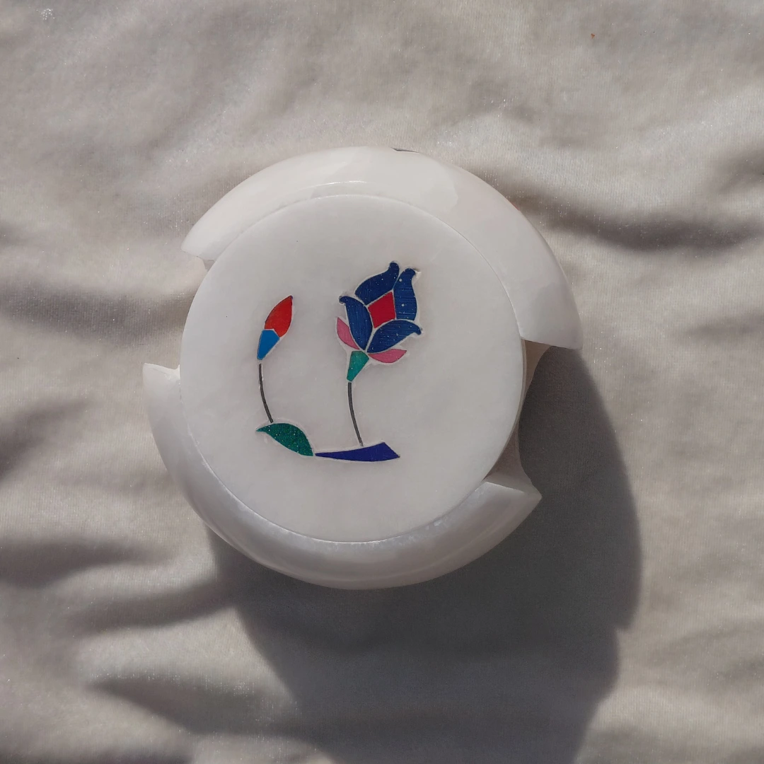 Second image of Handcrafted White Marble Floral Inlay Coaster Set with Holder – Luxury Table Décor