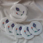Handcrafted White Marble Floral Inlay Coaster Set with Holder – Luxury Table Décor