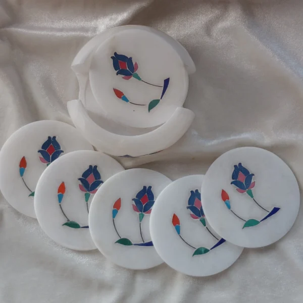 Handcrafted White Marble Floral Inlay Coaster Set with Holder – Luxury Table Décor