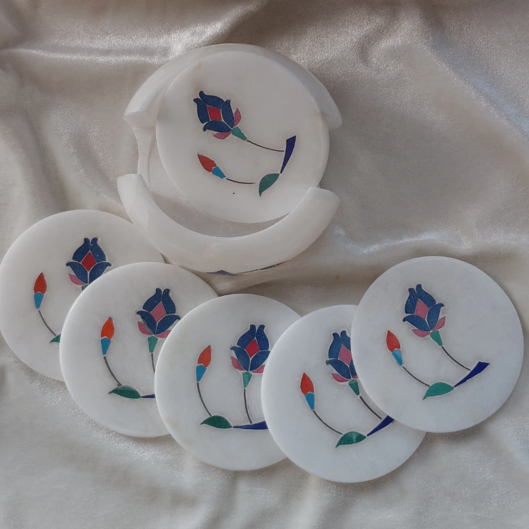 Handcrafted White Marble Floral Inlay Coaster Set with Holder – Luxury Table Décor