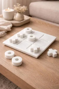 A minimalist white tic-tac-toe set