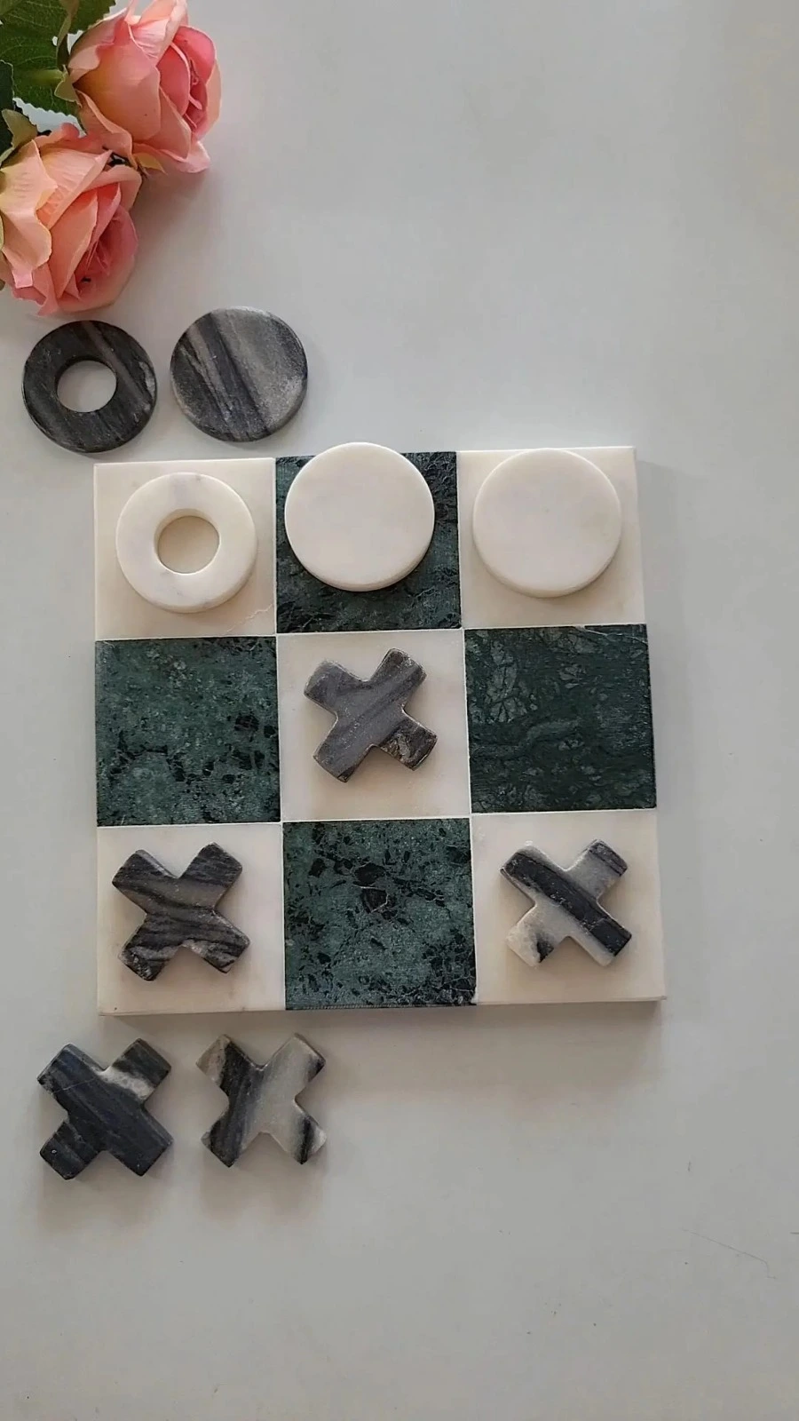 Luxury Green and white Marble Tic Tac Toe Game | Handmade Stone Noughts & Crosses Board